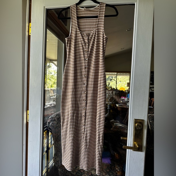 Sezane Fabiola dress camel ecru stripe size L - Picture 2 of 5